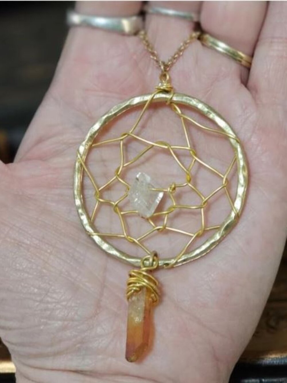 Long Champagne Quartz Dream Catcher Necklace
